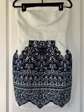 Strapless White Dress with Navy Ornate Print